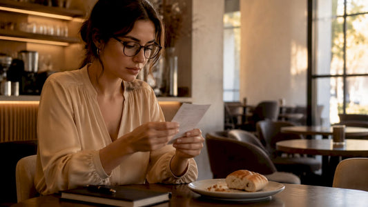 Woman reading skincare ingredient labels at home
