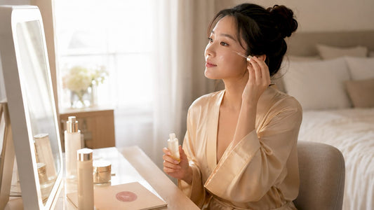 Woman applying skincare serum in bathroom