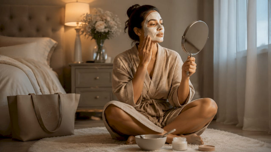 Woman doing mindful skincare ritual in bathroom