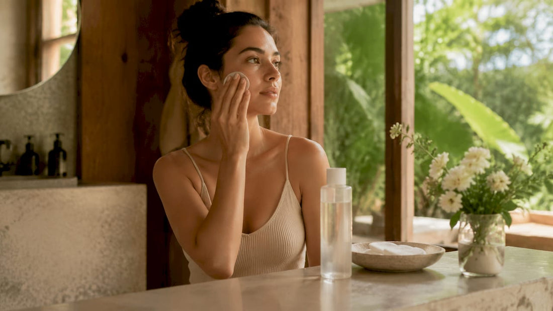 Woman applying toner in bathroom