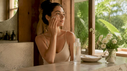 Woman applying toner in bathroom