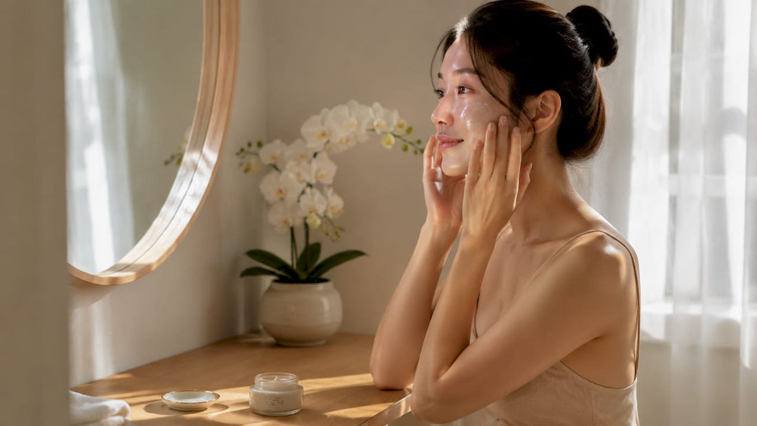 Woman applying moisturizer in home bathroom