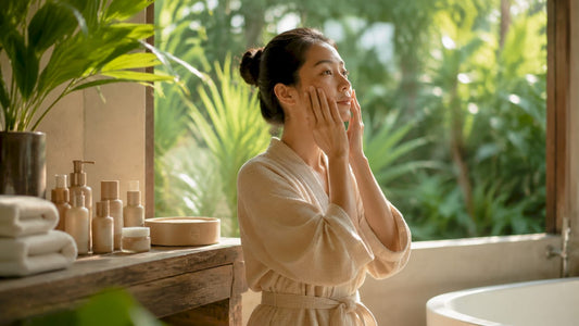Woman applying essence skincare at bathroom vanity