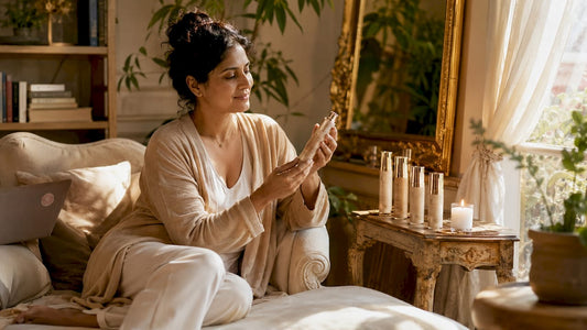 Woman comparing luxury skincare products at home vanity