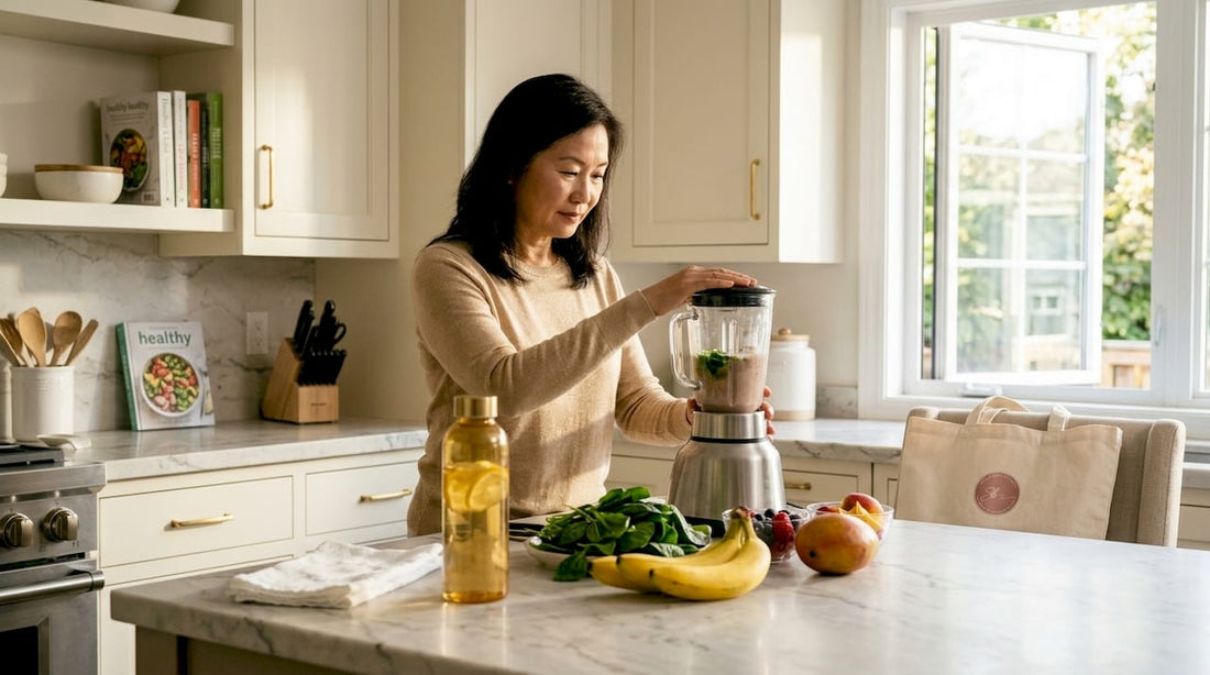 Woman preparing vitamin smoothie for skincare