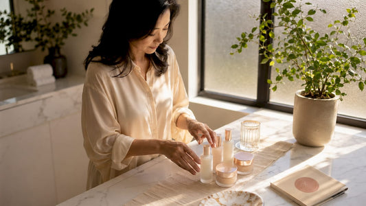 Woman organizing luxury skincare in home cabinet