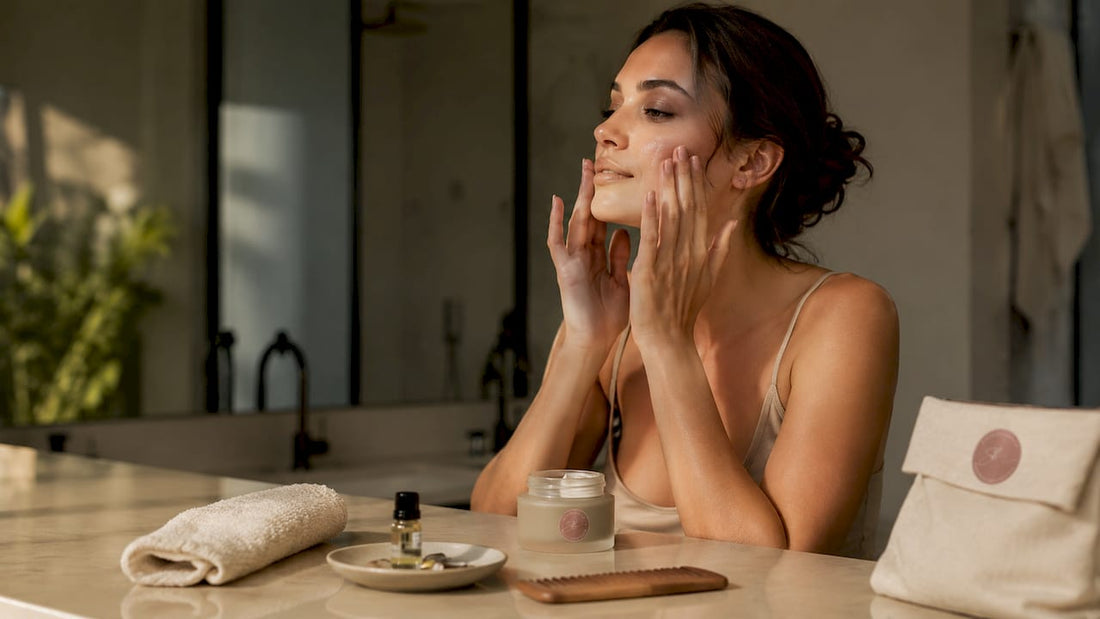 Woman applying waterless facial oil at vanity