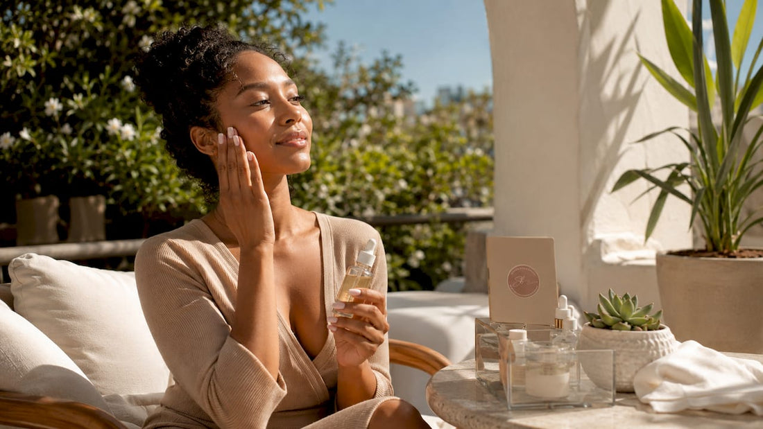 Woman applying serum to hydrated face