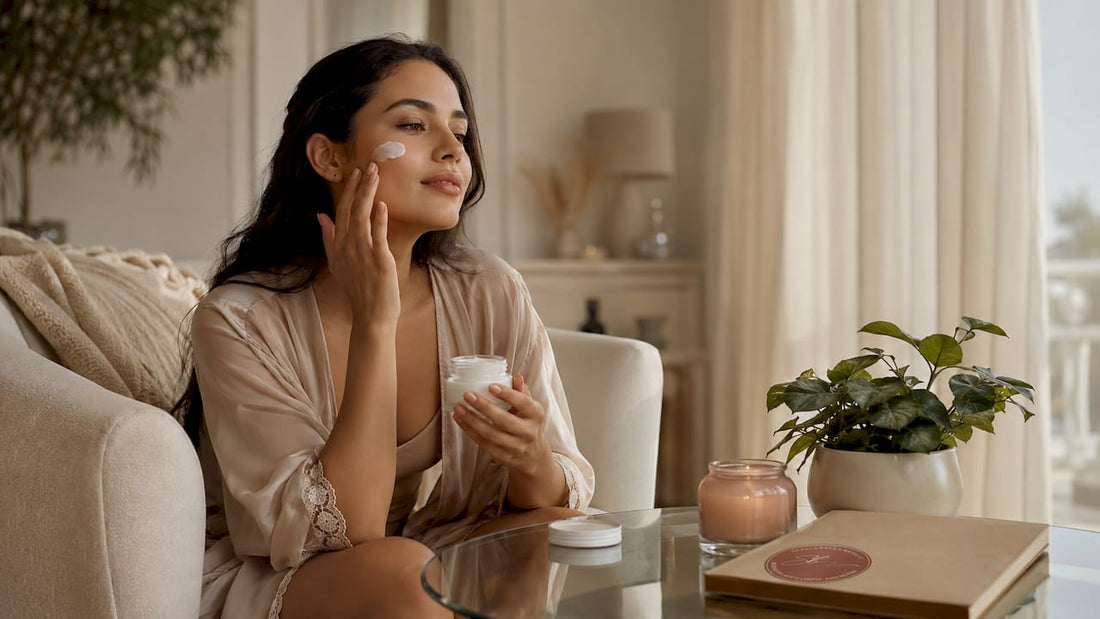 Woman applying probiotic cream skincare