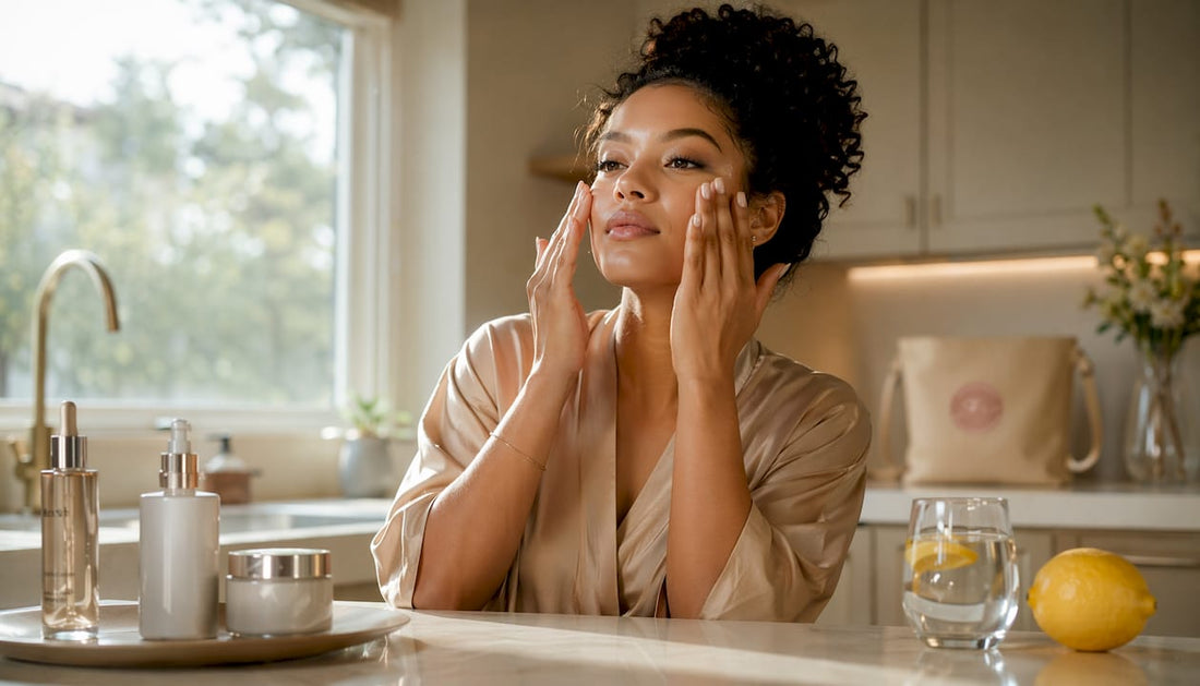 Woman applying skincare serum in bathroom
