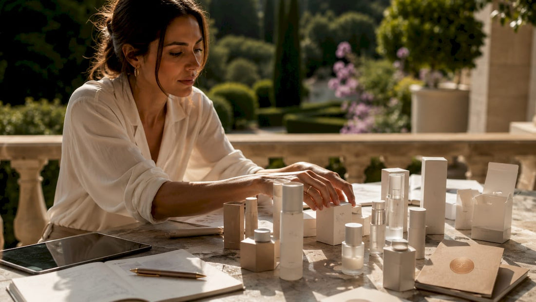 Woman organizing premium skincare packages
