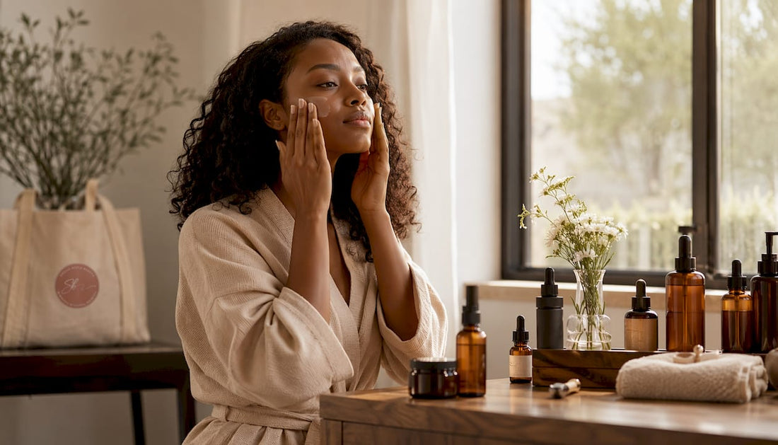 Woman applying adaptogen skincare serum