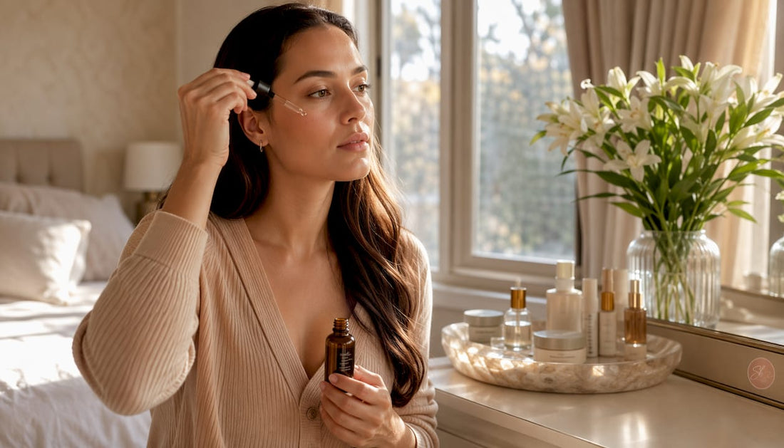 Woman about to apply resveratrol serum at vanity