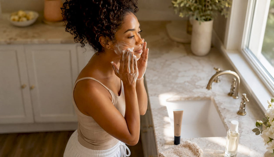 Woman cleansing face in bright bathroom