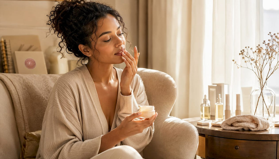 Woman applying lip scrub at bathroom vanity
