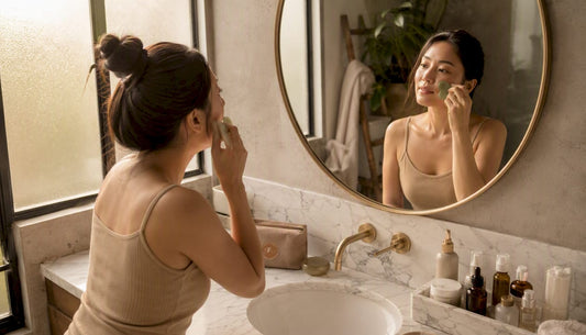 Woman using jade gua sha on cheek