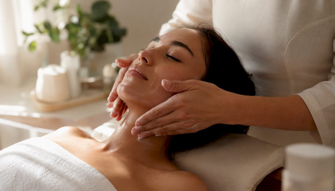 Hands applying cream on face and neck