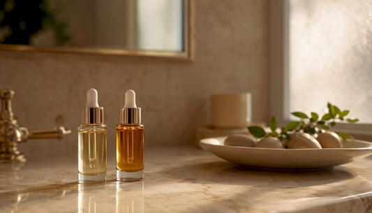 Close-up luxury serum bottles on ivory vanity