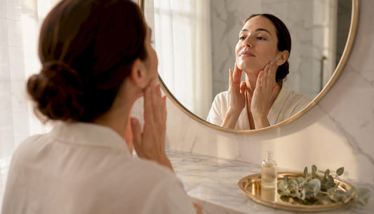 Woman applying facial serum in the morning