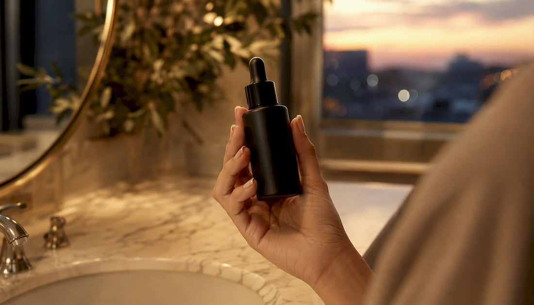 Hand holding glass bottle of luxury facial oil