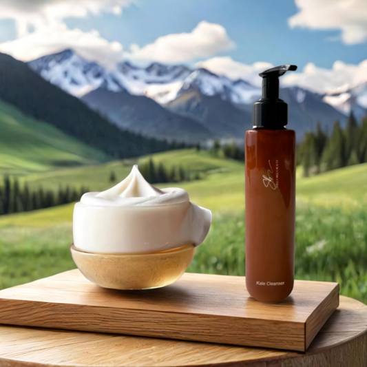 A bottle of Urban Detox™ Cleanser placed next to a bowl of the product, with a beautiful mountainous landscape in the background.